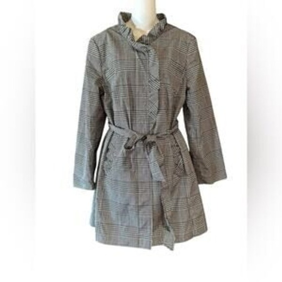 Talbots Petite Women's Houndstooth Ruffle Collar Belted‎ Trench Coat Jacket - Picture 2 of 6